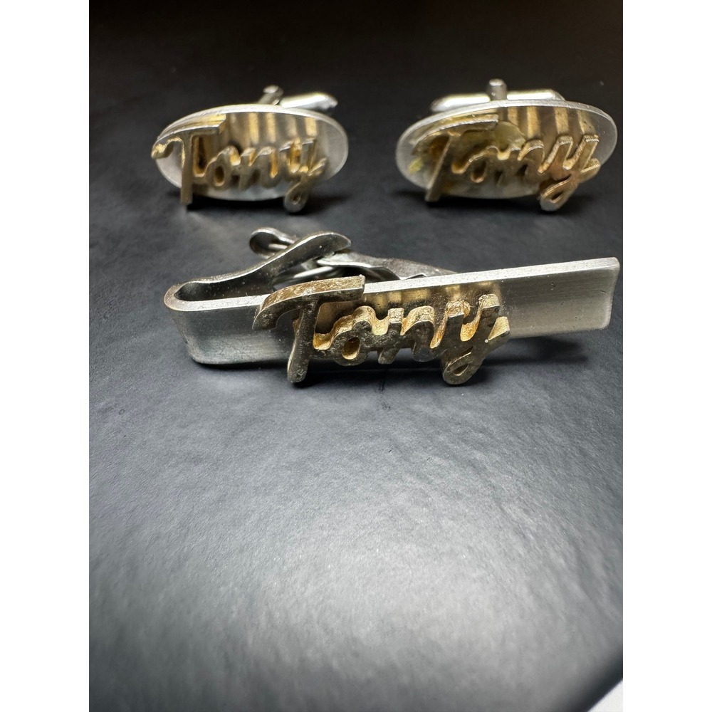 Vintage Swank Tony Name Cufflinks Tie Clip Set Two-Tone Silver Gold 50s 60s